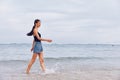 woman lifestyle travel sunset beach smile person summer young sea running