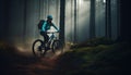 woman summer sunset bike cycling outdoors forest sport walking bicycle dark. Generative AI.