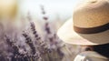 Woman with a sun hat in a lavender field, blurred floral background Royalty Free Stock Photo