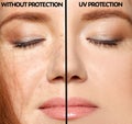 Woman without and with sun protection cream on her face, closeup Royalty Free Stock Photo