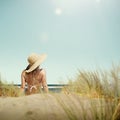 Woman Sunbathe Sunny Summer Beach Relaxing Concept Royalty Free Stock Photo