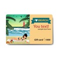 Woman sunbathes on the beach on sand. Sale discount gift card. Royalty Free Stock Photo