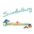 Woman sunbathes on the beach on sand. Vector flat