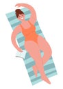 A woman sunbathes on the beach in a swimsuit and reads a book. Cute flat vector modern illustration