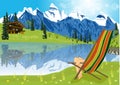 Woman sunbathing on lounge chair beside a lake located at the foot of a mountain