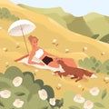 Woman sunbathing in nature alone, relaxing with dog in meadow. Happy young female in bikini resting outdoors on summer