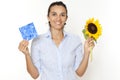 Woman with sunflower and solar cell Royalty Free Stock Photo