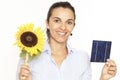 Woman sunflower solar cell Royalty Free Stock Photo