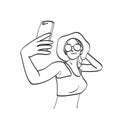 Woman with sunglasses taking selfie illustration vector hand drawn isolated on white background line art Royalty Free Stock Photo