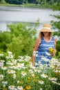 Woman in sunhat picking flowers along lakefront Royalty Free Stock Photo
