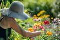 woman in sunhat tending to a flower garden