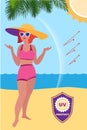 Woman sunscreen protect concept banner, cartoon style