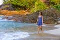 Woman with sunshine morning on Lonely Beach Royalty Free Stock Photo