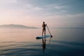 Woman sup board sunset. Generate Ai Royalty Free Stock Photo