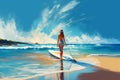 Woman with SUP board, watersport. AI generative. Relax