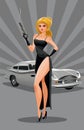 The woman super agent. In a black with a gun. Luxury car. Vector