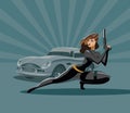 The woman super agent. In a black with a gun. Luxury car. Vector
