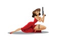 The woman super agent. In a red dress with a gun