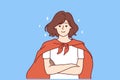 Woman in superhero cape stands with arms crossed and confidently looks at screen