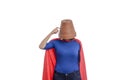 Woman superhero with a red cape and a flower pot on her head Royalty Free Stock Photo