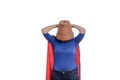 Woman superhero with a red cape and a flower pot on her head Royalty Free Stock Photo