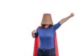 Woman superhero with a red cape and a flower pot on her head Royalty Free Stock Photo