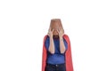 Woman superhero with a red cape and a flower pot on her head Royalty Free Stock Photo