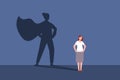 Woman superhero shadow. Superwoman motivational concept strong women, super lady business work manager character female