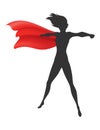 Woman superhero silhouette with scarlet fabric silk cloak. Mantle costume or cover cartoon vector illustration Royalty Free Stock Photo