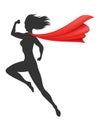 Woman superhero silhouette with scarlet fabric silk cloak. Mantle costume or cover cartoon vector illustration Royalty Free Stock Photo