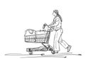 Woman with supermarket cart Vector sketch Royalty Free Stock Photo