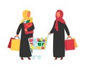 Woman in supermarket food shop with shopping cart. Flat design vector.