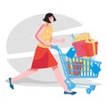 Woman with supermarket trolley hurrying up to purchase goods, flat vector isolated