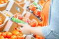 Woman in a supermarket at the vegetable shelf shopping for tomatoes and cucumbers. Shopping concept. Royalty Free Stock Photo