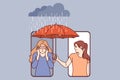 Woman supports upset friend by holding umbrella over girl head, leaning out of phone screen Royalty Free Stock Photo