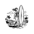 Woman with Surfboard on Beach Illustration Royalty Free Stock Photo