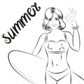 Woman with surfboard. Line illustration