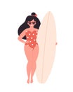 Woman with surfboard. Summer activity, summertime, surfing. Hello summer. Summer Vacation. Hand drawn vector