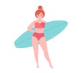 Woman with surfboard. Summer activity, summertime, surfing. Hello summer. Summer Vacation. Hand drawn vector