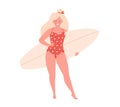 Woman with surfboard. Summer activity, summertime, surfing. Hello summer. Summer Vacation. Hand drawn vector