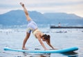 Woman, surfboard or water yoga on ocean or sea in relax workout, training or exercise for core balance, health or