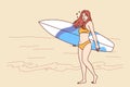 Woman surfer dressed in bikini walks along beach with surfboard and enjoys summer trip to island Royalty Free Stock Photo