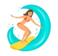 Woman surfer riding the wave on surfboard