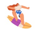 Woman surfer standing on board. Happy active girl on surfboard on holiday. Extreme summer sport, leisure activity