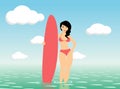 Woman surfer stay in sea water