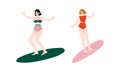 Woman Surfer with Surfboard Riding on Moving Wave Vector Set