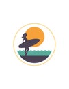 Woman surfer surfboard sun ocean wave silhouette emblem logo vintage t shirt print vector flat Royalty Free Stock Photo