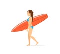 Woman surfer walking with surfboard
