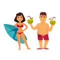 Woman with surfing board and man holding cocktails Royalty Free Stock Photo