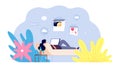 Woman surfing internet. Online addiction, girl on sofa with laptop and wine. Relax, free time or lazy weekend vector
